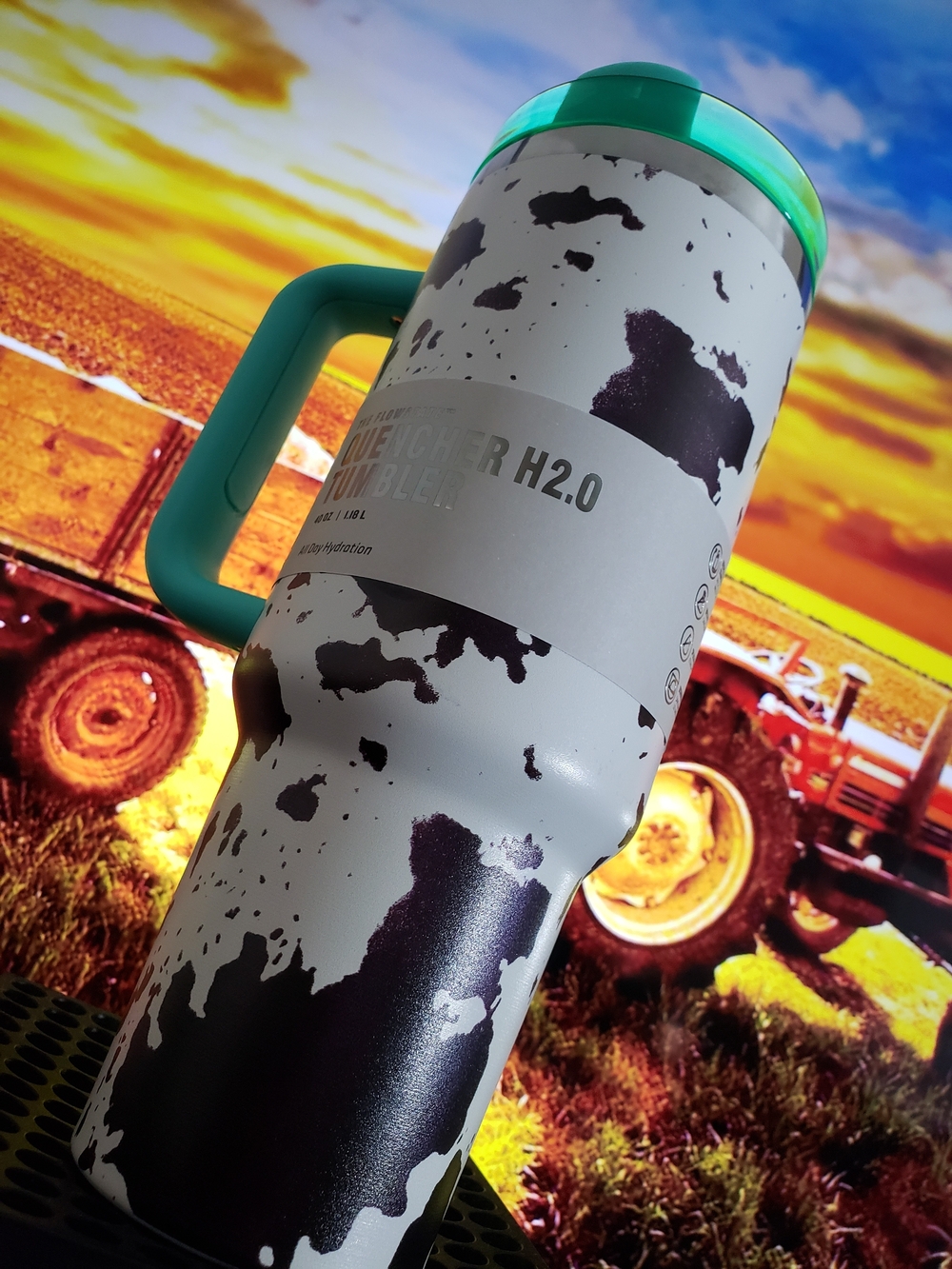 Insulated Travel Tumbler with Handle - White Black Speckle and Teal